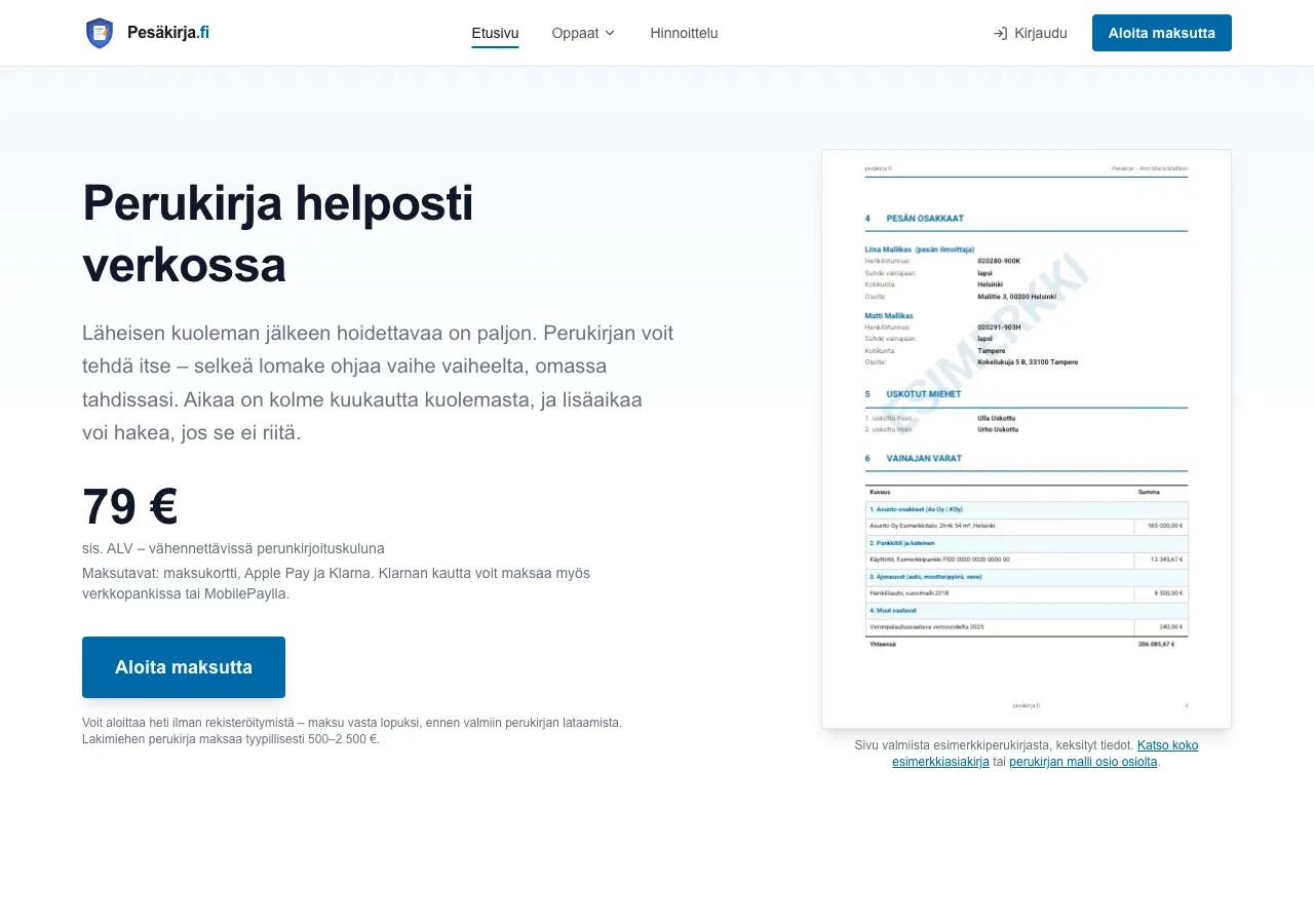 Pesäkirja.fi-palvelun etusivu lokakuussa 2026