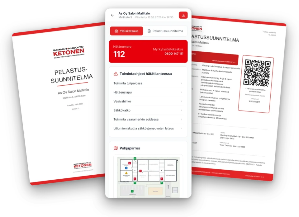 Pelastussuunnitelma: palvelu puhelimessa, ilmoitustaulun tiedote QR-koodilla ja suunnitelman PDF