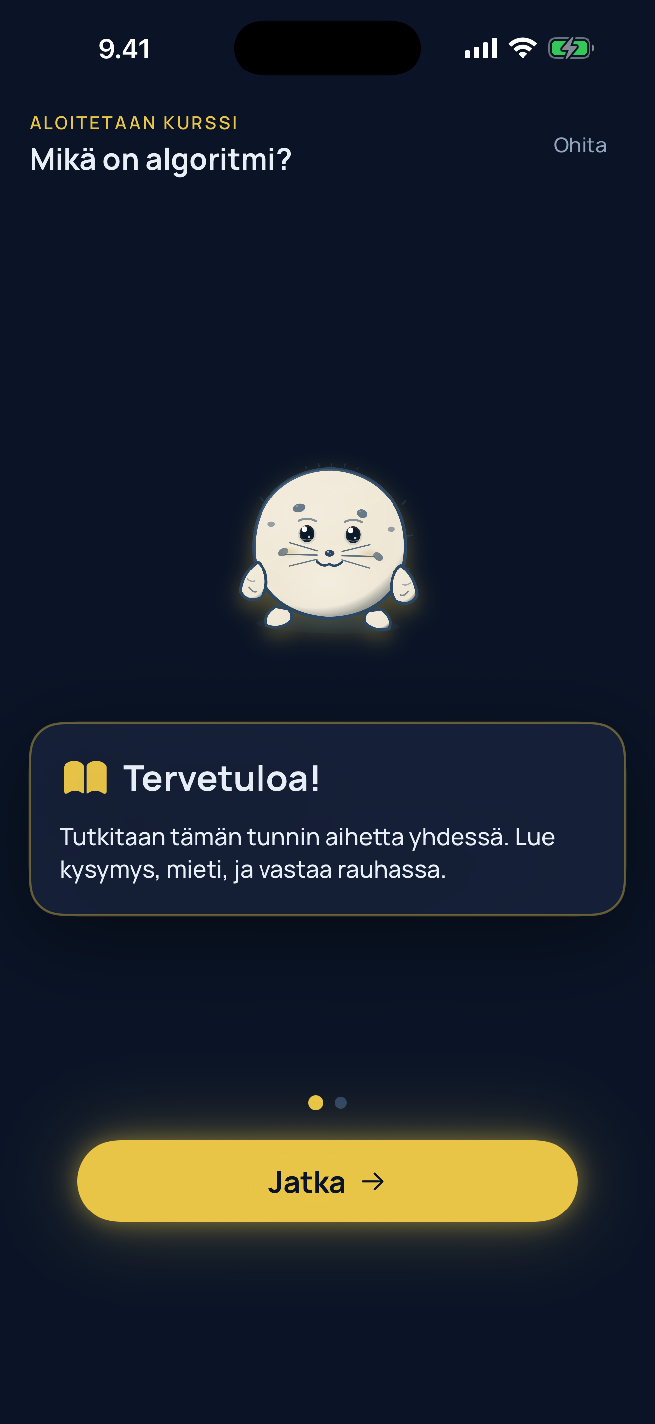 Koodinorppa-sovelluksen oppituntinäkymä