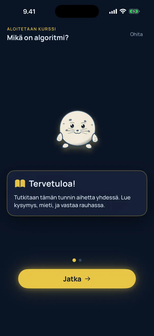 Koodinorppa-sovelluksen oppituntinäkymä